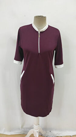 Aesco Kadın Kısa Kollu Yakadan Fermuarlı Cepli Yandan Yırtmaçlı Viskon Elbise