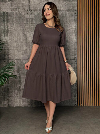 Aesco Kadın Kısa Kollu Yakası Açık Katlı Bürümcük Balon Elbise