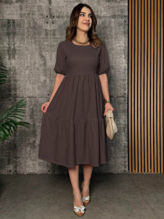 Aesco Kadın Kısa Kollu Yakası Açık Katlı Bürümcük Balon Elbise