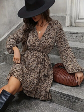 Aesco Kadın Uzun Kollu Kruvaze Yakalı Kuşaklı Desenli Kısa Modal Mini Elbise