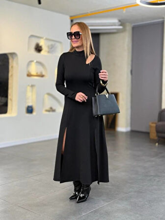 Aesco Kadın Balıkçı Yaka Damla Detaylı Yırtmaçlı Uzun Viskon Iki Iplik Maxi Elbise