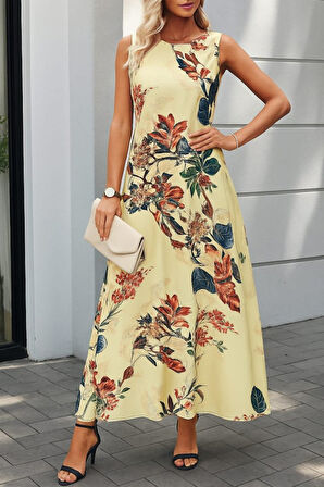 Aesco Kadın Askılı Yuvarlak Yaka Cepli Desenli Süprem Elbise