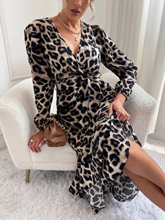 Aesco Kadın Uzun Kollu Kruvaze Yakalı Belden Kuşaklı Leopar