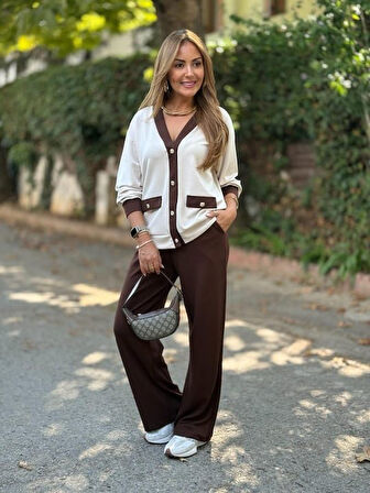 Aesco Kadın Uzun Kollu Ribanali Cep Detay Hırka Ve Bol Paça Pantolon Ikili Takım