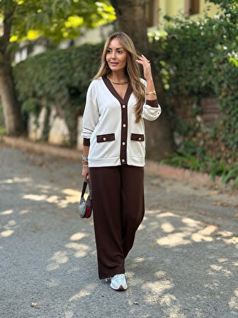 Aesco Kadın Uzun Kollu Ribanali Cep Detay Hırka Ve Bol Paça Pantolon Ikili Takım