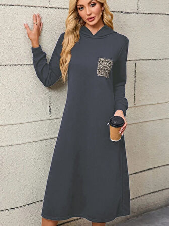 Aesco Kadın Uzun Kollu Kapşonlu Cep Detaylı Viskon Iki Iplik Maxi Elbise