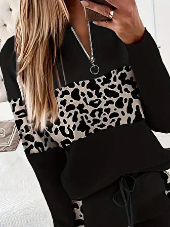 Aesco Kadın Uzun Kollu Fermuarlı Karışık Desenli Viskon Iki Iplik Bluz Ve Pantolon Ikili Takım