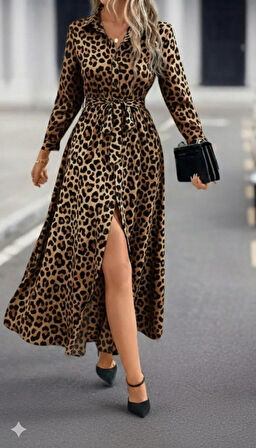 Aesco Kadın Uzun Kollu Yakalı Belden Kuşaklı Leopar Desenli Modal Uzun Elbise