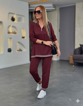 Aesco Kadın Uzun Kollu Fermuarlı şerit Detay Desenli Alt üst Ikili Viskon Iki Iplik Takım