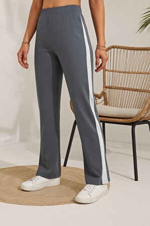 Aesco Kadın Yüksek Bel Yan şerit Detaylı Yırtmaçlı Viskon Iki Iplik Pantolon