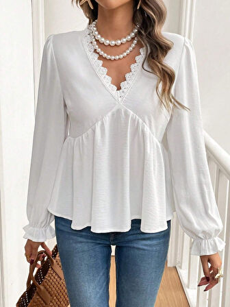 Aesco Kadın Uzun Kollu V Dantel Yaka Aerobin Bluz