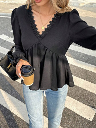 Aesco Kadın Uzun Kollu V Dantel Yaka Aerobin Bluz