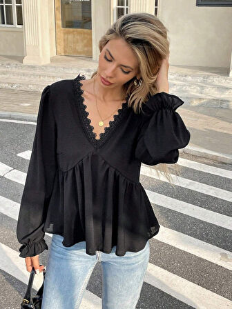 Aesco Kadın Uzun Kollu V Dantel Yaka Aerobin Bluz