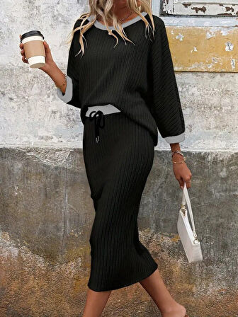 Aesco Kadın Uzun Kollu Yakası Açık şardonlu Kaşkorse Bluz Ve Eteği Bağcıklı Ikili Takım