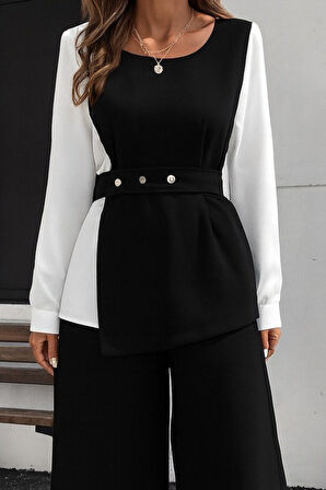 Aesco Kadın Uzun Kollu Açık Yakalı çift Renkli Kemerli Ithal Krep Ikili Takım