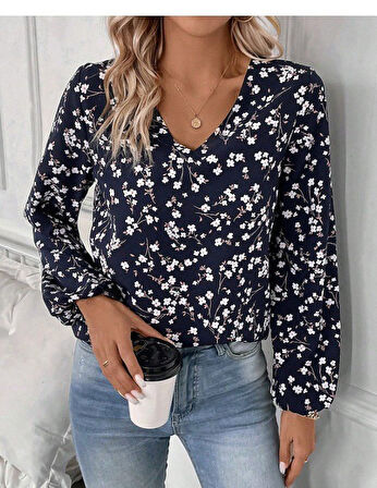 Aesco Kadın Uzun Kollu V Yakalı çiçek Desenli Modal Bluz