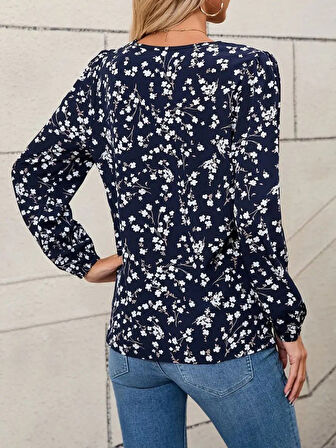 Aesco Kadın Uzun Kollu V Yakalı çiçek Desenli Modal Bluz