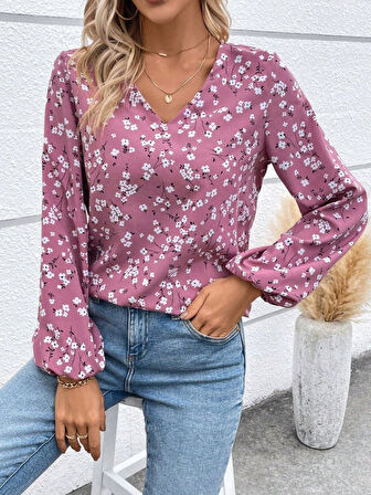 Aesco Kadın Uzun Kollu V Yakalı çiçek Desenli Modal Bluz