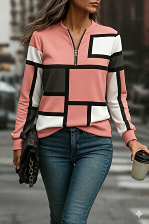 Aesco Kadın Uzun Kollu Yakadan Fermuarlı Desenli şardonlu Dalgıç Bluz