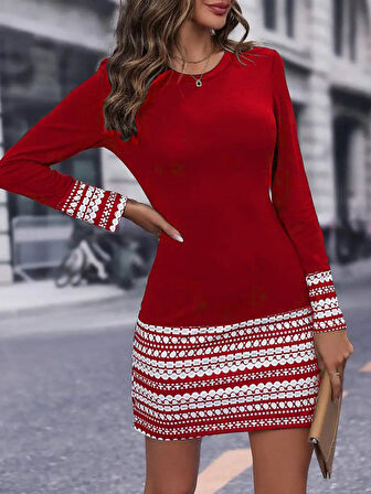 Aesco Kadın Uzun Kollu Bisiklet Yaka Kol Ağzı Ve Etek Ucu Baskılı Iki Iplik Elbise