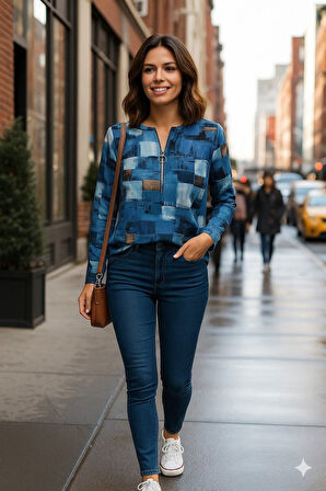 Aesco Kadın Uzun Kollu Yakadan Fermuarlı Kot Görünüm Desenli Uzun Modal Bluz