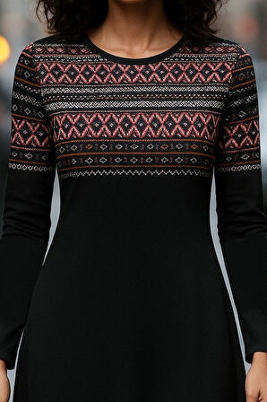 Aesco Kadın Uzun Kollu Bisiklet Yaka Etnik Desenli Kısa şardonlu Dalgıç Elbise