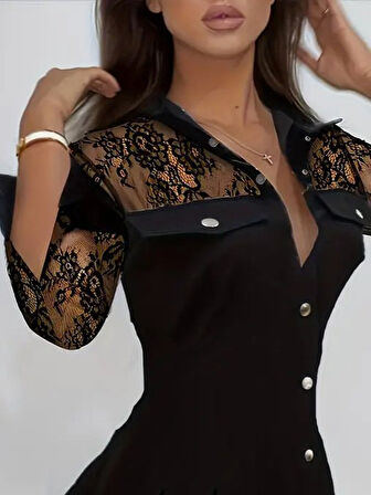 Aesco Kadın Uzun Kollu Yakalı önden Düğmeli Cep Detaylı Mini Modal Elbise