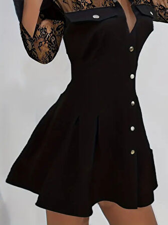 Aesco Kadın Uzun Kollu Yakalı önden Düğmeli Cep Detaylı Mini Modal Elbise