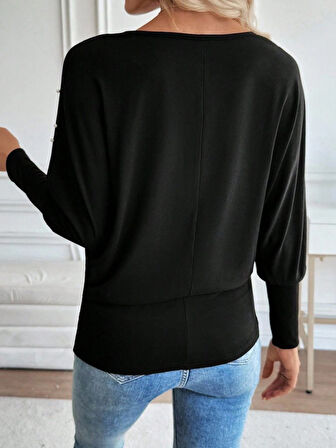 Aesco Kadın Uzun Kollu Yuvarlak Yaka Incili Viskon Bluz