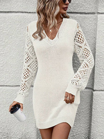 Aesco Kadın Uzun Kollu V Yakalı Mini Triko Elbise