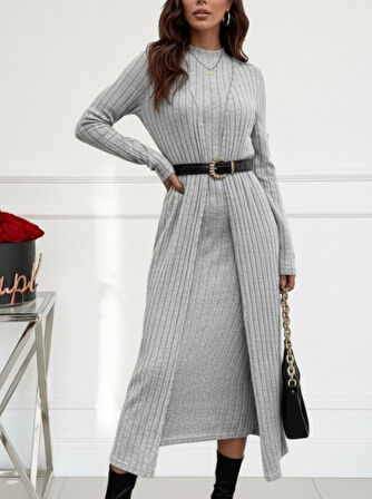 Aesco Kadın Uzun Kollu Yarı Balıkçı Yaka şardonlu Kaşkorse Elbise Ve Uzun Hırka Ikili Takım