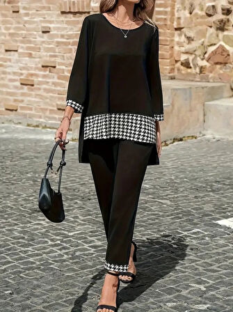Aesco Kadın Uzun Kollu Yuvarlak Yakalı Kaz Ayağı Detaylı Viskon Iki Iplik Bluz Ve Pantolon Ikili Takım