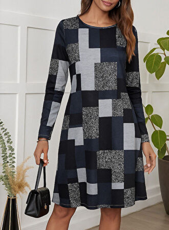 Aesco Kadın Uzun Kollu Yuvarlak Yaka Geometrik Süprem Elbise