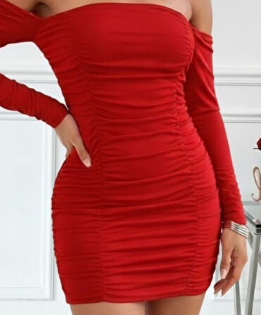 Aesco Kadın Uzun Kollu Omuzlardan Açık Takma Kollu Büzgülü Sandy Kısa Elbise