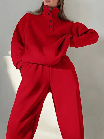 Aesco Kadın Uzun Kollu Balıkçı Dik Yakalı Düğmeli üç Iplik Bluz Ve Pantolon Ikili Takım