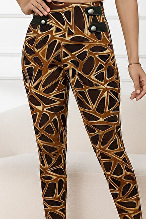 Aesco Kadın Yüksek Bel Kaz Ayağı Desenli Yan şerit Düğme Detaylı Dalgıç Pantolon