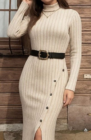 Aesco Kadın Uzun Kollu Balıkçı Yaka Yırtmaçlı Düğmeli şardonlu Kaşkorse Elbise