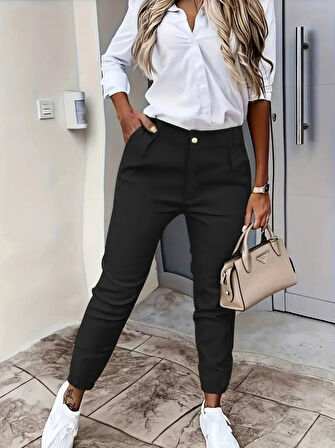 Aesco Kadın Yüksek Bel önden Düğmeli Cepli Bilek Lastik Detay Atlas Pantolon