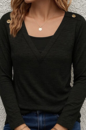 Aesco Kadın Uzun Kollu V Yaka Düğme Detaylı Yumoş Bluz