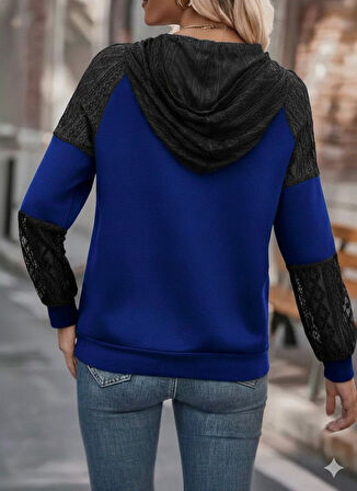 Aesco Kadın Uzun Kollu Dantelli Kapşonlu Viskon Iki Iplik Bluz