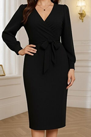 Aesco Kadın Uzun Kollu Kruvaze Yaka Belden Kuşaklı Midi Ithal Krep Elbise