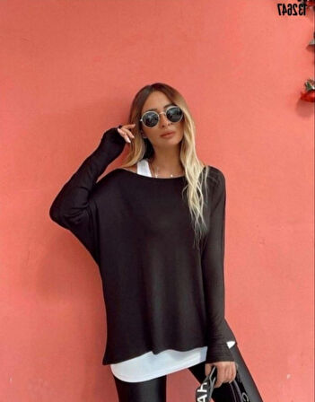 Aesco Kadın Uzun Kollu Tek Omuzdan Açık çilek Bluz Ve Viskon Atlet Ikili Takım