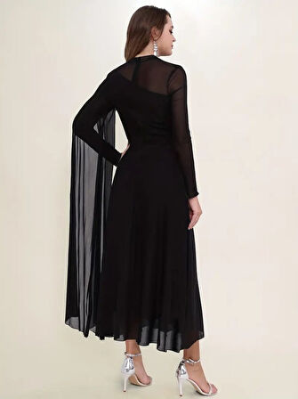 Aesco Kadın Uzun Kollu Yarı Balıkçı Yaka Tül Detaylı Uzun Sandy Elbise