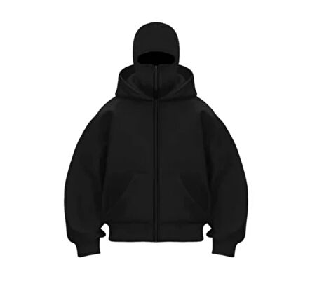 Aesco Samuray Ninja Çift Kapşonlu ZIP Fermuarlı Kanguru Çepli Hoodie Maske Detaylı Swetshirt - Siyah