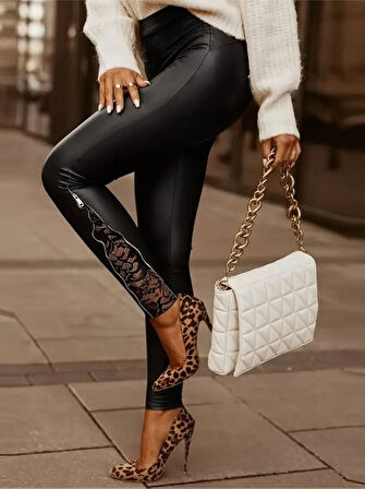 Aesco Kadın Yüksek Bel Yandan Yırtmaçlı Dantel Detaylı Deri Tayt