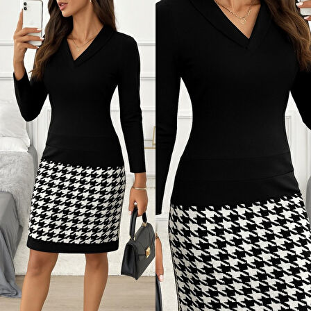 Aesco Kadın Uzun Kollu V Yaka Alt Tarafı Desenli Dalgıç Mini Boy Elbise