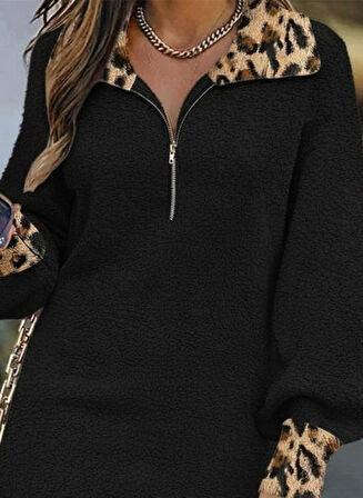 Aesco Kadın Uzun Kollu Yakalı önden Fermuarlı Leopar Detaylı Mini Peluş Elbise