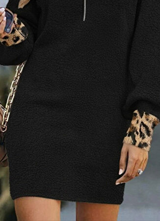 Aesco Kadın Uzun Kollu Yakalı önden Fermuarlı Leopar Detaylı Mini Peluş Elbise
