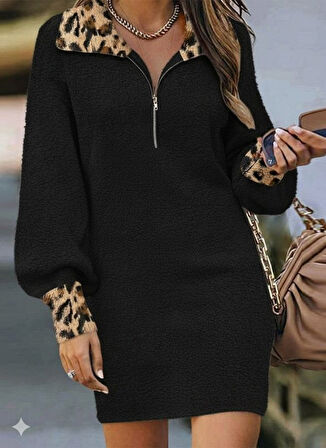 Aesco Kadın Uzun Kollu Yakalı önden Fermuarlı Leopar Detaylı Mini Peluş Elbise