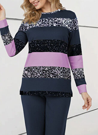 Aesco Kadın Uzun Kollu Bisiklet Yaka çizgili Desen Iki Iplik Bluz Ve Pantolon Ikili Takım